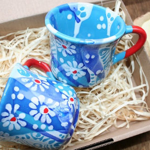 Original coffee cups made of clay with blue pattern - hand painted