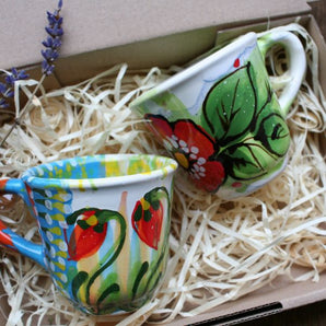 Beautiful coffee cup set made of clay with floral pattern - handmade