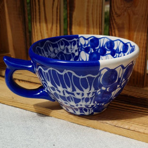 White-blue cup 0.5 L with abstract pattern - hand painted