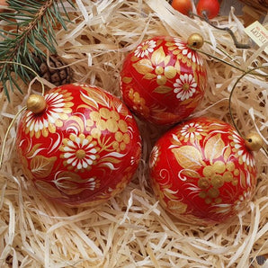 Rot-goldene handbemalte Weihnachtskugeln - Geschenk boxes , Set mit 3 St. (8-7- 5.5 cm)