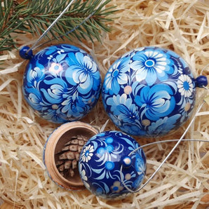 Blue hand-painted Christmas balls with floral pattern - gift boxes, set of 3 (8-7- 5.5 cm)