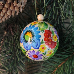 Special Christmas tree ball hand-painted in colorful Ukrainian style made of wood