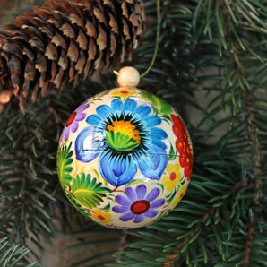 Special Christmas tree ball hand-painted in colorful Ukrainian style made of wood