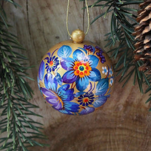 Gold-blaue bemalte Weihnachtskugel handgemacht aus Holz- 5.5cm