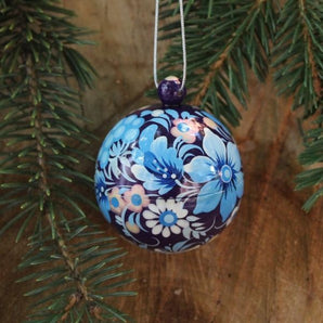 Small hand painted blue Christmas ball, Petrykivka painting