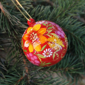 Red hand painted with flowers Christmas ball - Petrykivka painting