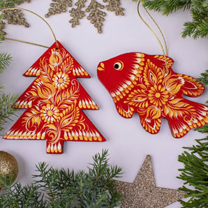 Rot-goldenes Künstler-Baumschmuck-Set, Fisch und Tannenbaum