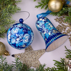 Handcrafted Christmas tree ornaments- set, Christmas ball and bell, blue