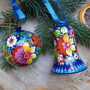 Handcrafted Christmas tree ornaments- set, Christmas ball and bell, blue