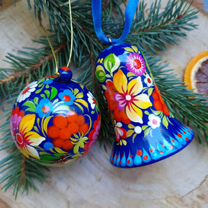 Handcrafted Christmas tree ornaments- set, Christmas ball and bell, blue