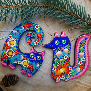 Folk art Christmas ornaments funny animals - cat and fox