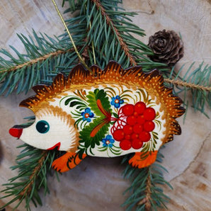 Hedgehog wooden Christmas ornaments for Hedgehog lovers in ukrainian art