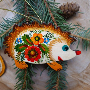 Hedgehog wooden Christmas ornaments for Hedgehog lovers in ukrainian art