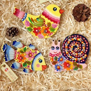 Wooden Christmas tree ornaments set for children, (bird, fish and snail), hand painting