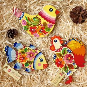 Wooden Christmas tree decorations, set of three figures (rooster, fish, bird)