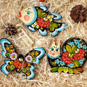 Wooden Christmas ornaments set for children, (butterfly, fish and snail), hand painting