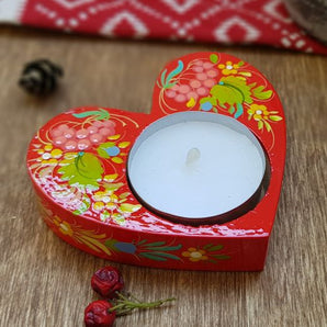 Red heart gift, hand painted wooden candle holder