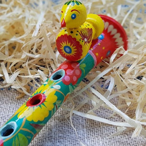 Handmade flute for children, music wooden toy, ukrainian Petrikivka painting