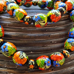 Unique wooden bead necklace, hand painted with flowers