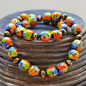 Unique wooden bead necklace, hand painted with flowers