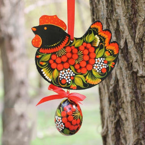 Chicken with Easter egg decoration- wooden Ukrainian Easter ornaments