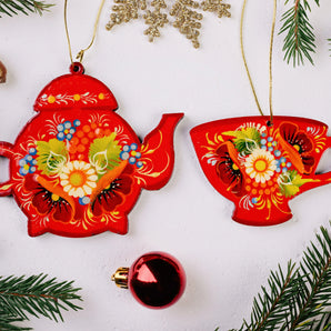 Handcrafted Flat Christmas Ornaments Teapot and Cup