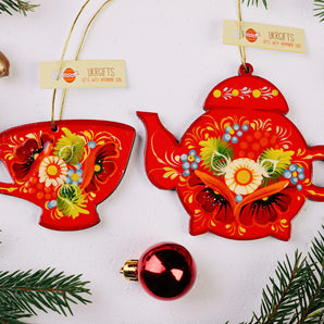 Handcrafted Flat Christmas Ornaments Teapot and Cup