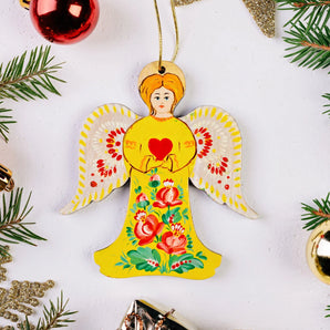 Vintage angel ornament, wooden hand painted Christmas decorations