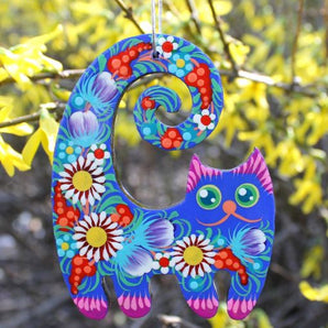 Cat wooden ornament, ukrainian hand painting on both sides