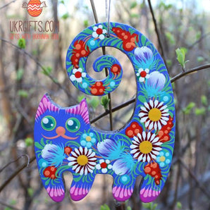 Cat wooden ornament, ukrainian hand painting on both sides