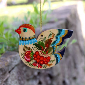 Bird Christmas tree ornament Ukrainian rustic with flower patterns