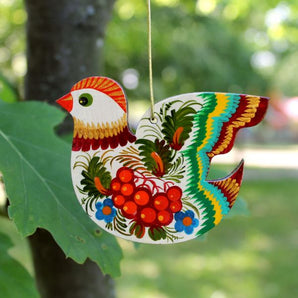 Easter wooden ornaments Bird with ukrainian Petrykivka painting