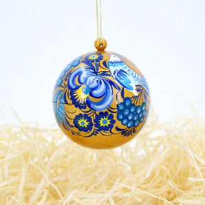 Golden Christmas tree ball 7cm with blue pattern hand painted