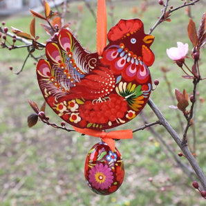 Easter wooden ornament painted by hand Chicken with Easter egg