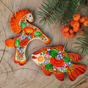 Christmas ornaments set- Horse and Fish- fine painted