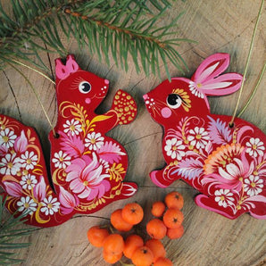 Animal tree decorations -squirrel and bunny, delicate painted