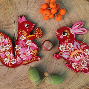 Animal tree decorations -squirrel and bunny, delicate painted