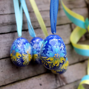 Yellow-blue hand painted small Easter eggs Ukrainian Art