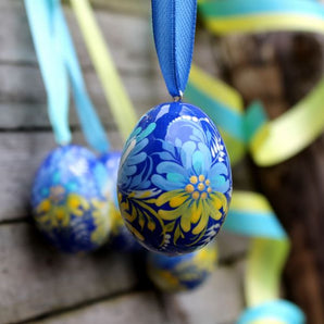 Yellow-blue hand painted small Easter eggs Ukrainian Art