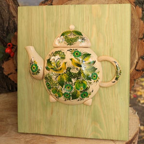 Rustic wooden wall decor, teapot hand painted with floral motives