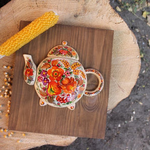 Wooden wall decorative teapot hand painted with floral motives