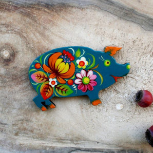 Creative fridge magnet and small gift "Pig", ukrainian Petrykivka painting