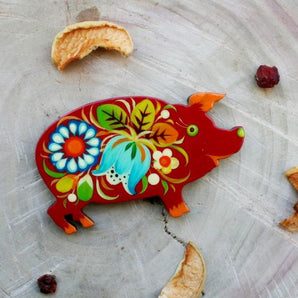 Decorative fridge magnet and cool gift "Piggi", handmade, Petrykivka painting