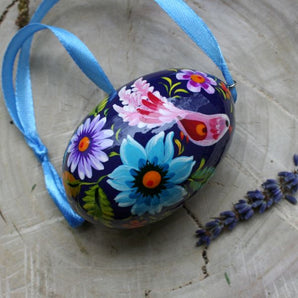 Purple Easter egg wooden pendant for the Easter bush artfully painted