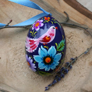 Purple Easter egg wooden pendant for the Easter bush artfully painted