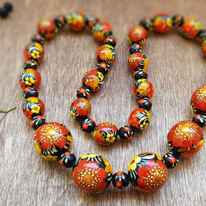 Wooden bead necklace, fashion hand painted with poppies flower wooden jewelry