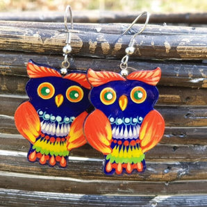 Colorful wooden owl earrings, hand-painted