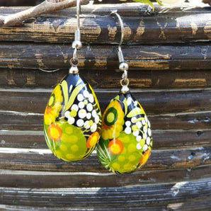 Folk style earrings drop in green, made of wood and hand painted, Ukrainian original art