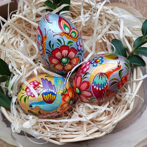 Magnifiques œufs de Pâques en nacre peints à la main, en bois - 3 pièces dans un panier