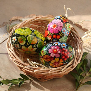 Hand-painted wooden Easter eggs in a basket - strong colors - Ukrainian Petrykivka painting